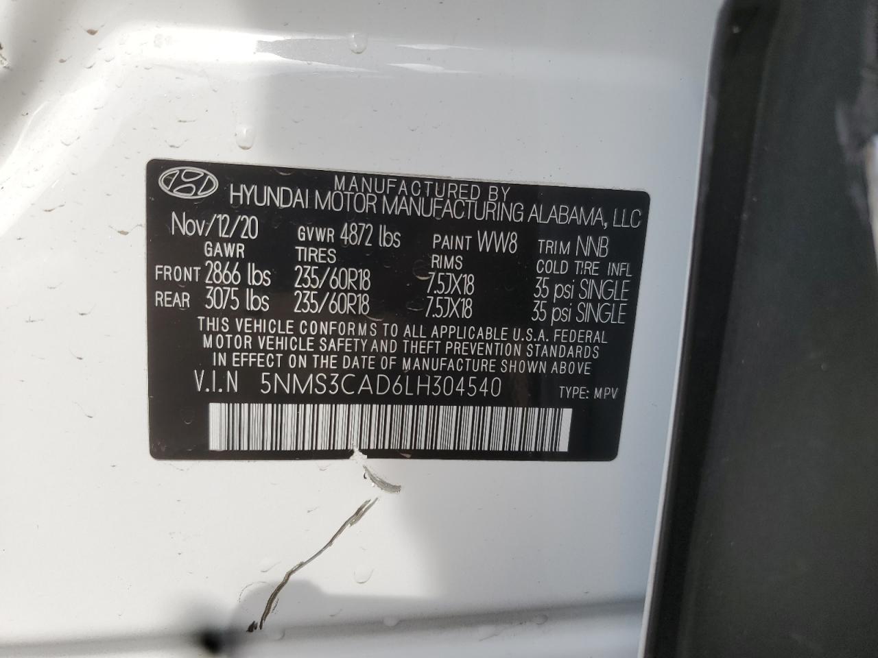 2020 Hyundai Santa Fe Sel VIN: 5NMS3CAD6LH304540 Lot: 85100265