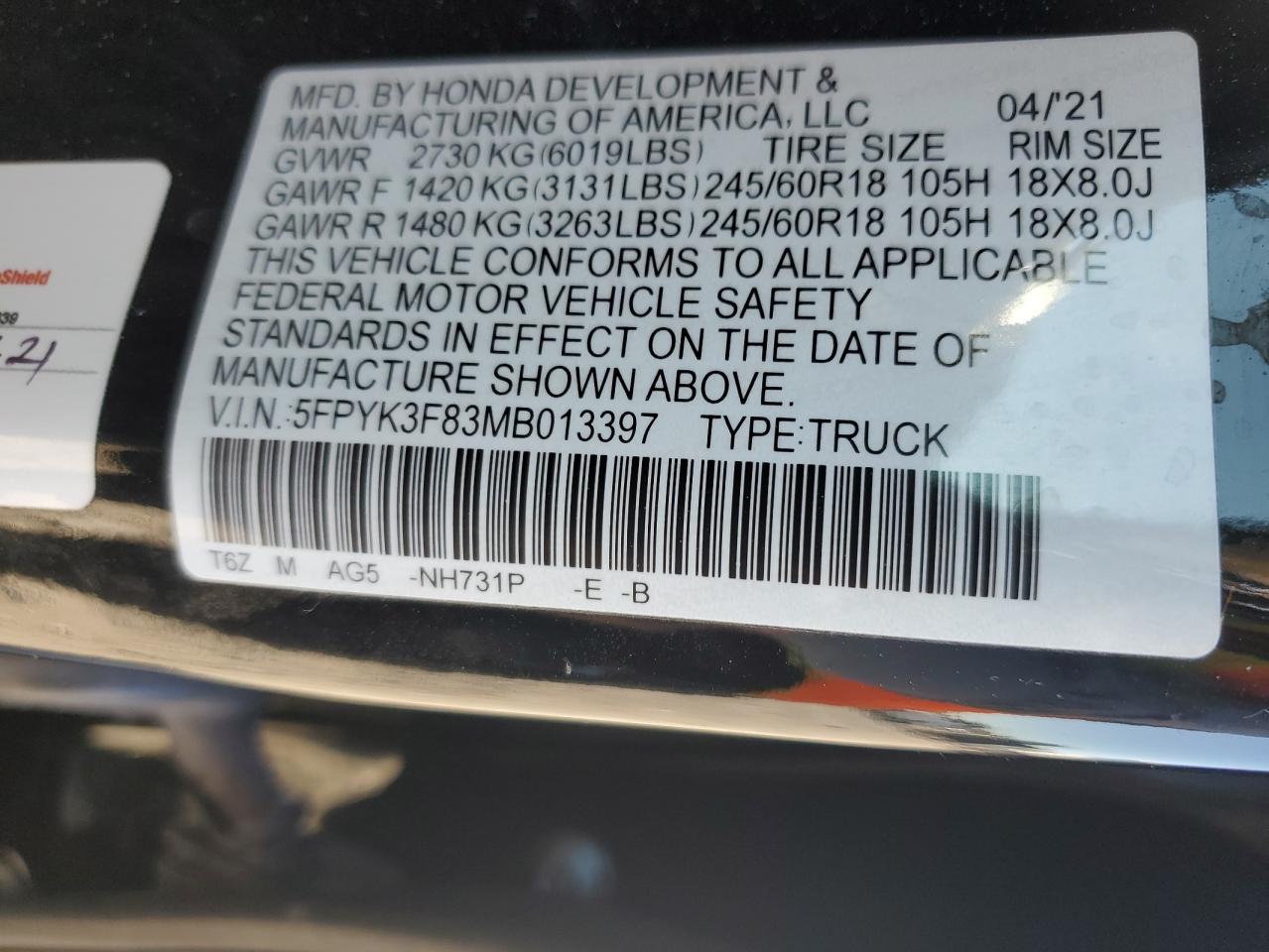 2021 Honda Ridgeline Black Edition VIN: 5FPYK3F83MB013397 Lot: 82630435