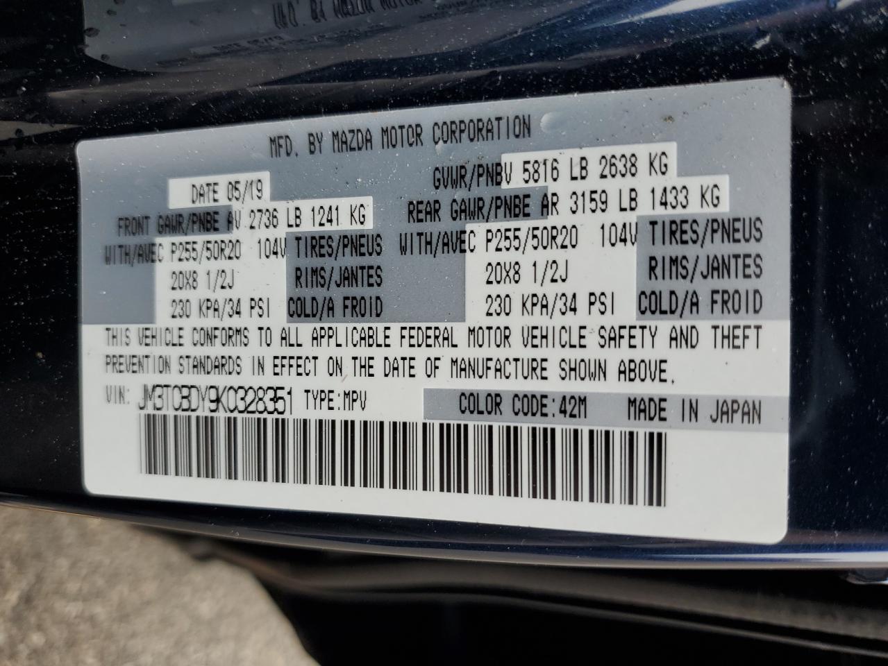 2019 Mazda Cx-9 Grand Touring VIN: JM3TCBDY9K0328351 Lot: 90391525