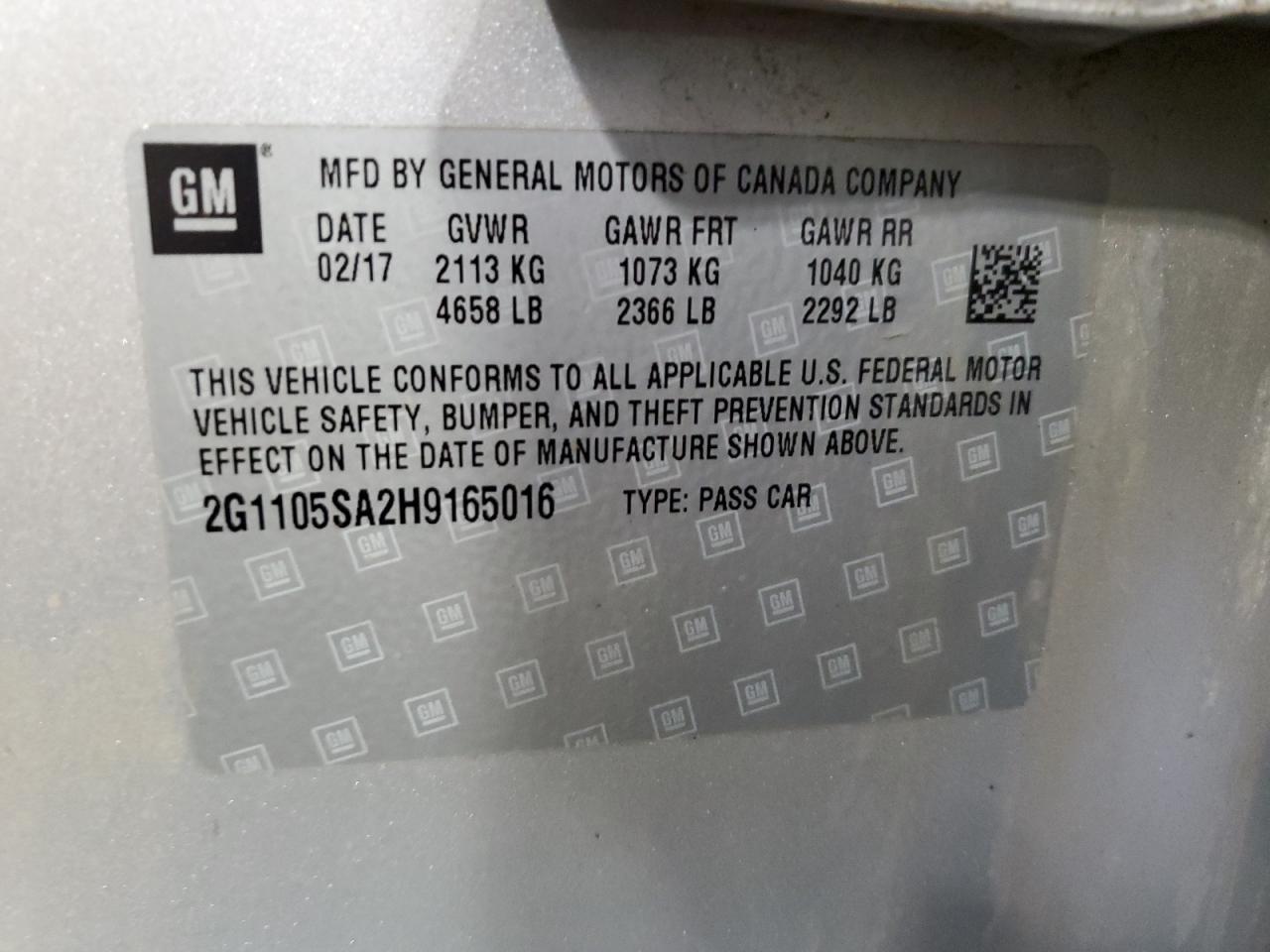 2017 Chevrolet Impala Lt VIN: 2G1105SA2H9165016 Lot: 89562885