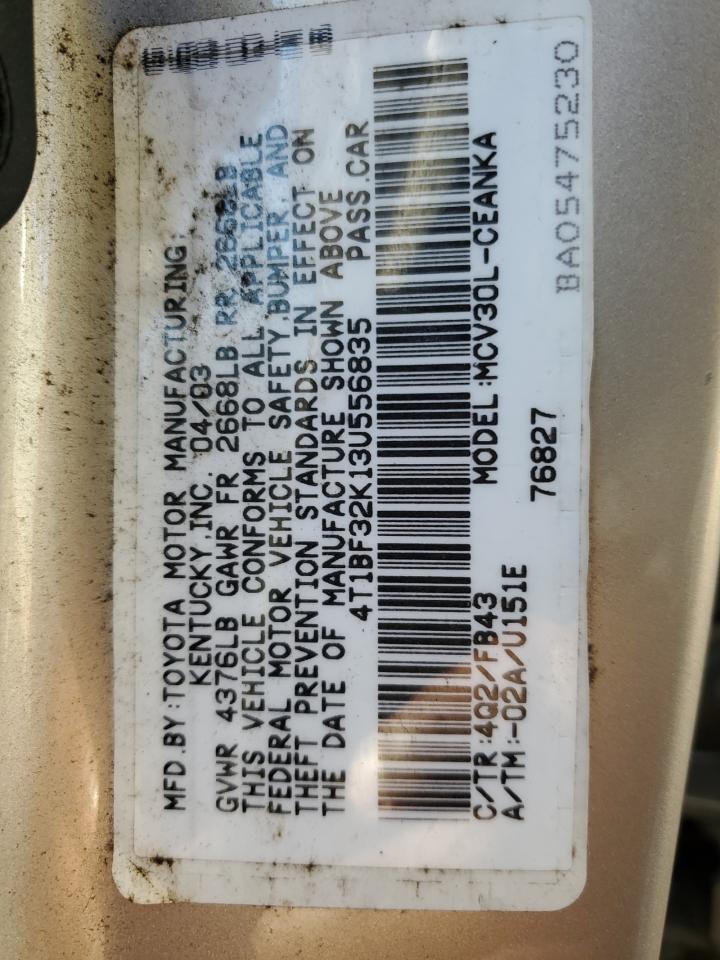 2003 Toyota Camry Le VIN: 4T1BF32K13U556835 Lot: 84925045