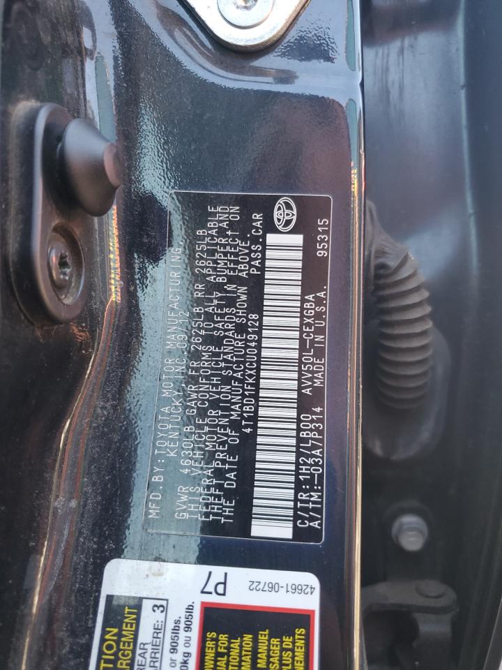 2012 Toyota Camry Hybrid VIN: 4T1BD1FKXCU049128 Lot: 82249385