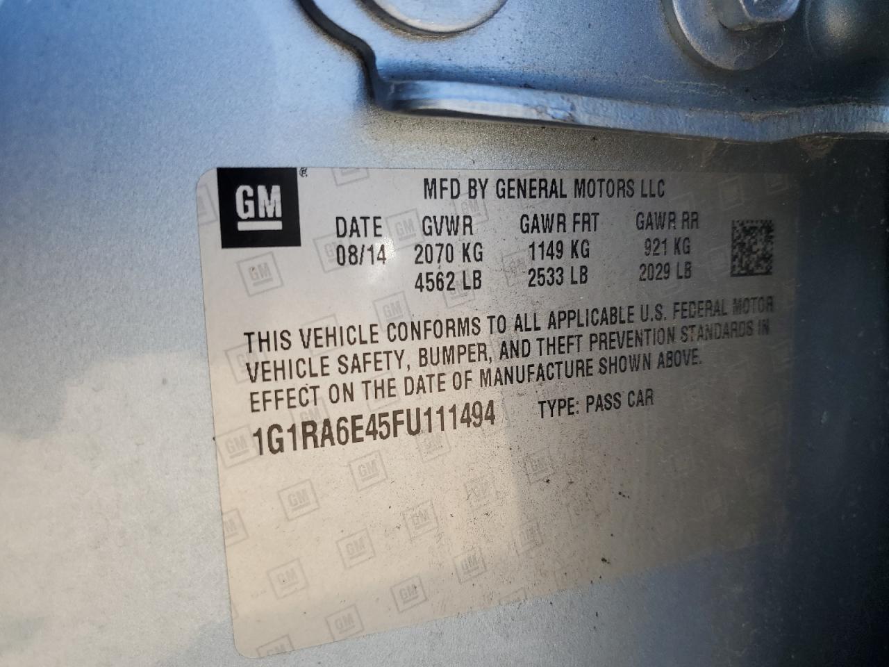 2015 Chevrolet Volt VIN: 1G1RA6E45FU111494 Lot: 84799405