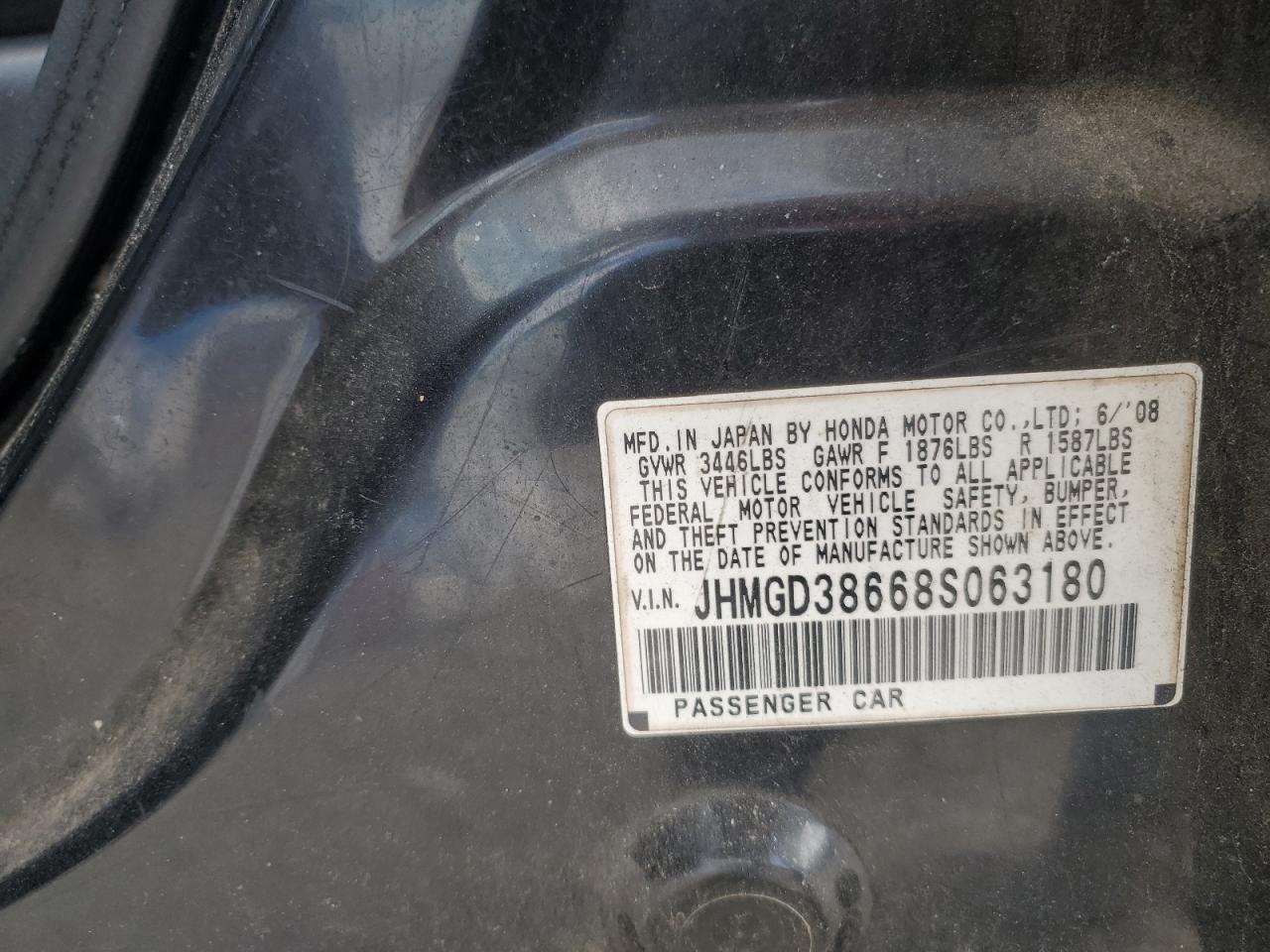 2008 Honda Fit Sport VIN: JHMGD38668S063180 Lot: 85714435