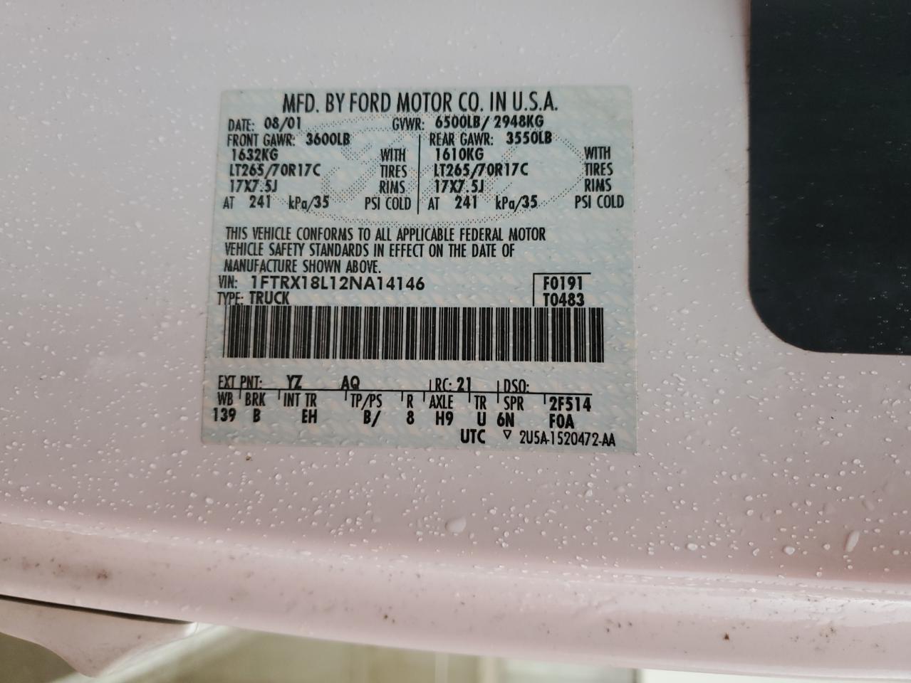 2002 Ford F150 VIN: 1FTRX18L12NA14146 Lot: 90521185