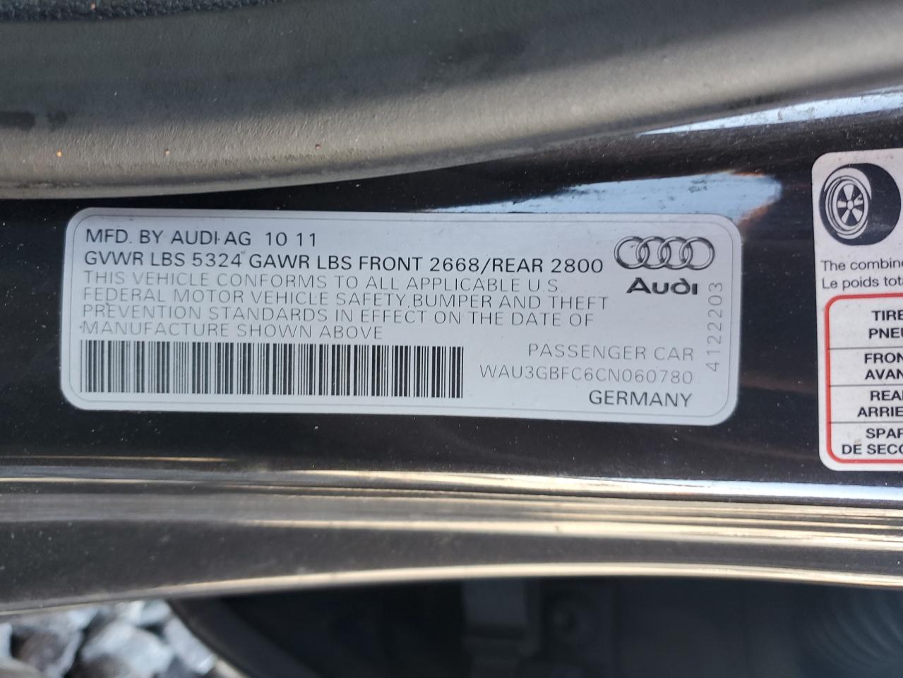 2012 Audi A7 Prestige VIN: WAU3GBFC6CN060780 Lot: 87439045