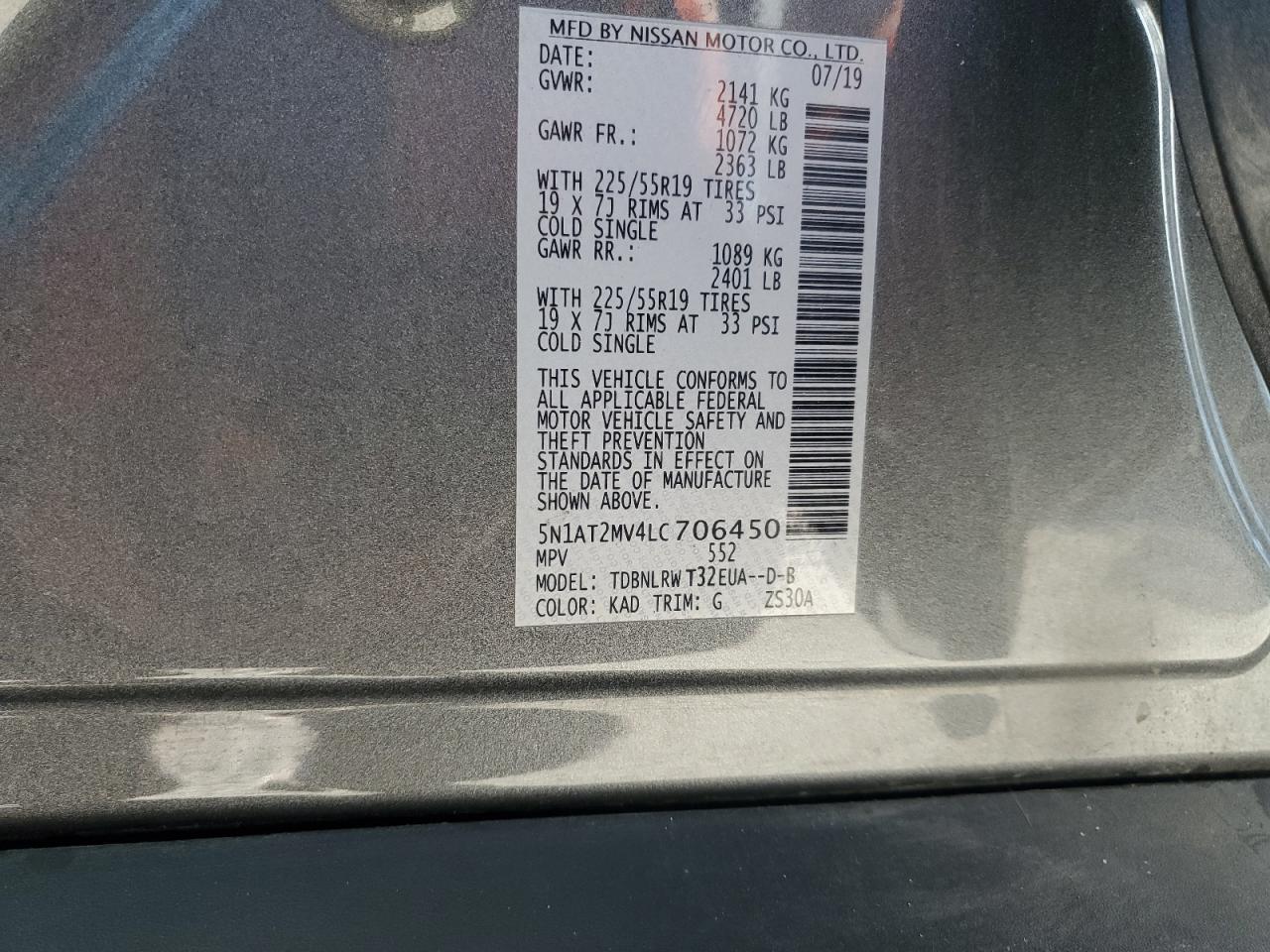 2020 Nissan Rogue S VIN: 5N1AT2MV4LC706450 Lot: 90264325