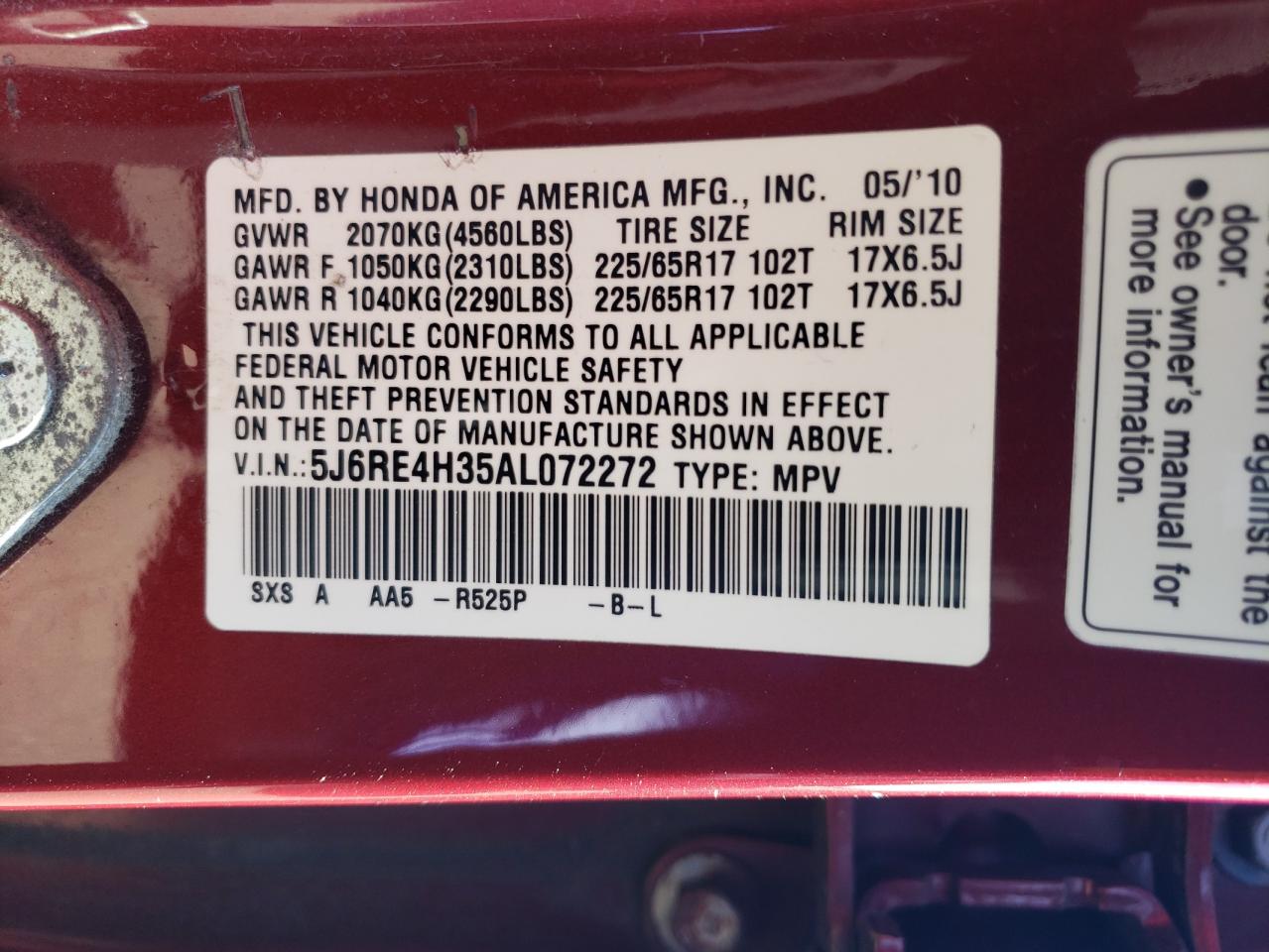 2010 Honda Cr-V Lx VIN: 5J6RE4H35AL072272 Lot: 89671055