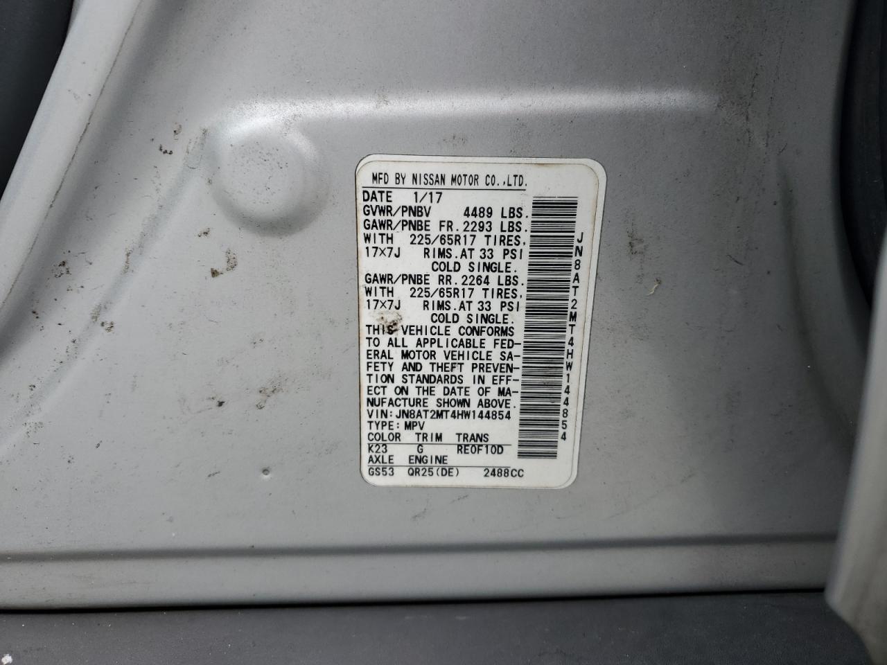 2017 Nissan Rogue S VIN: JN8AT2MT4HW144854 Lot: 90228265