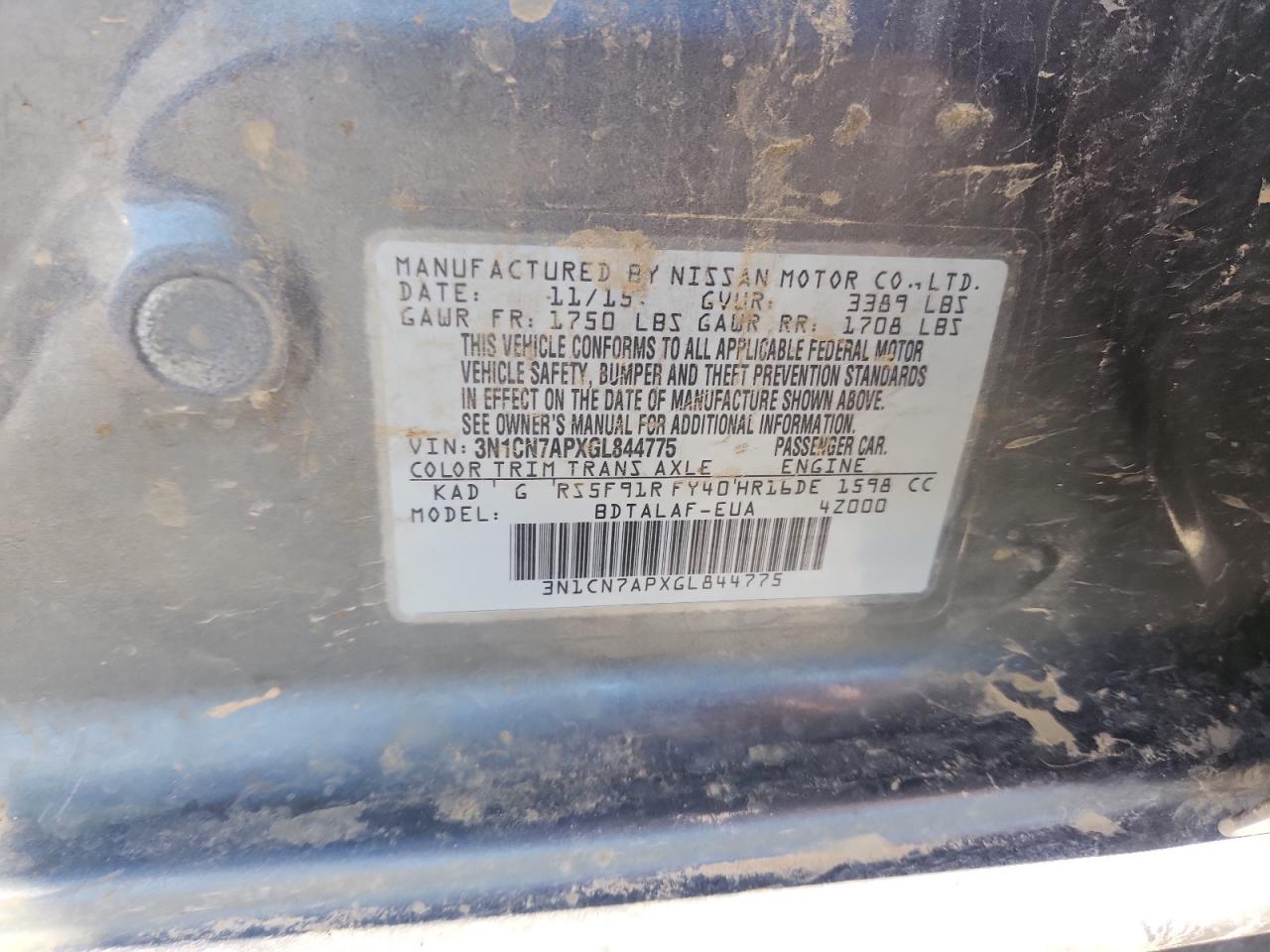 2016 Nissan Versa S VIN: 3N1CN7APXGL844775 Lot: 81972205