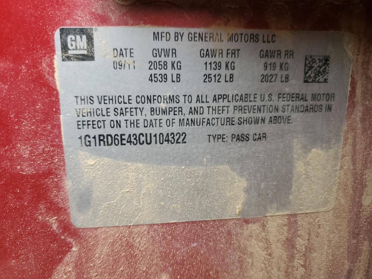 2012 Chevrolet Volt VIN: 1G1RD6E43CU104322 Lot: 82332175