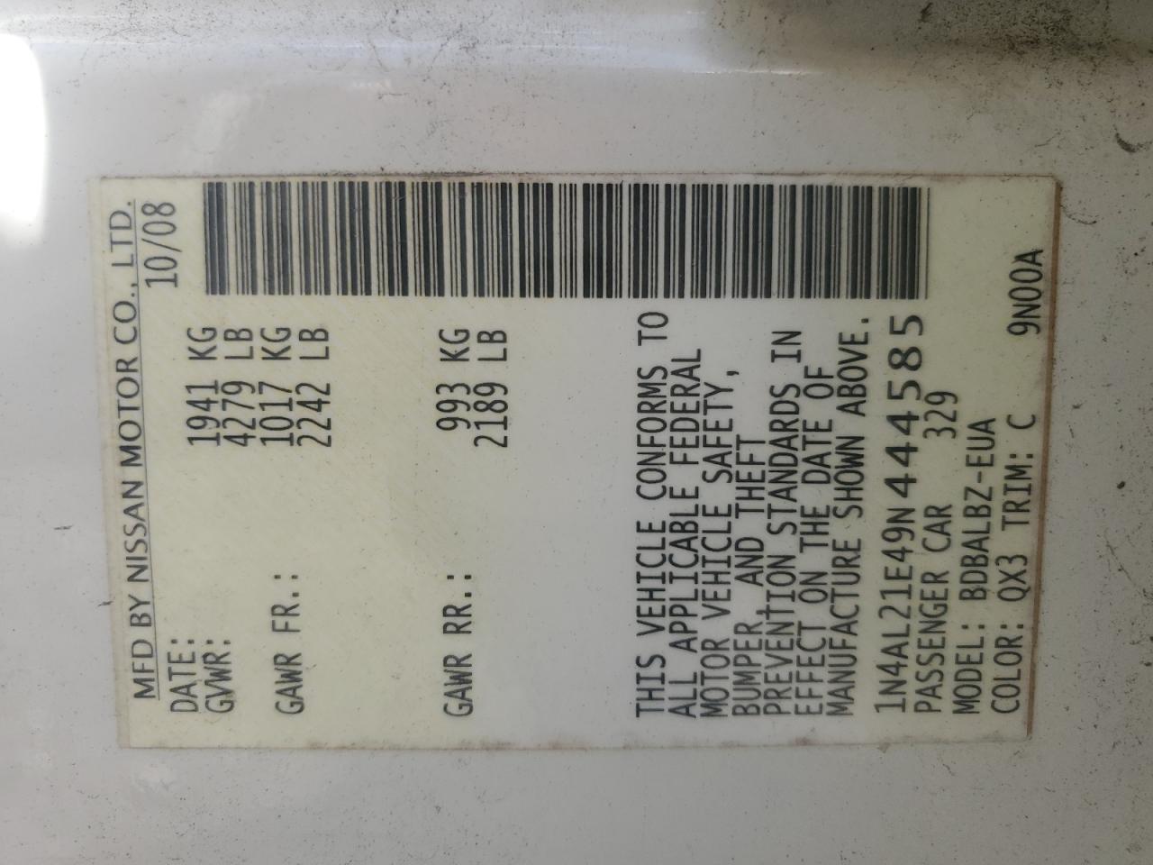 2009 Nissan Altima 2.5 VIN: 1N4AL21E49N444585 Lot: 85727605