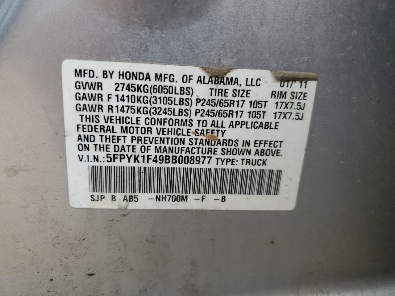 2011 Honda Ridgeline Rts VIN: 5FPYK1F49BB008977 Lot: 85731285