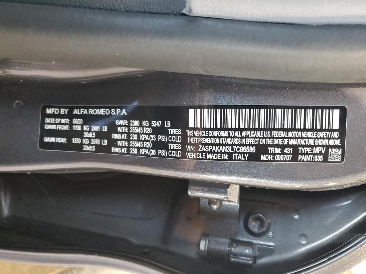 2020 Alfa Romeo Stelvio VIN: ZASPAKAN3L7C96586 Lot: 84790675