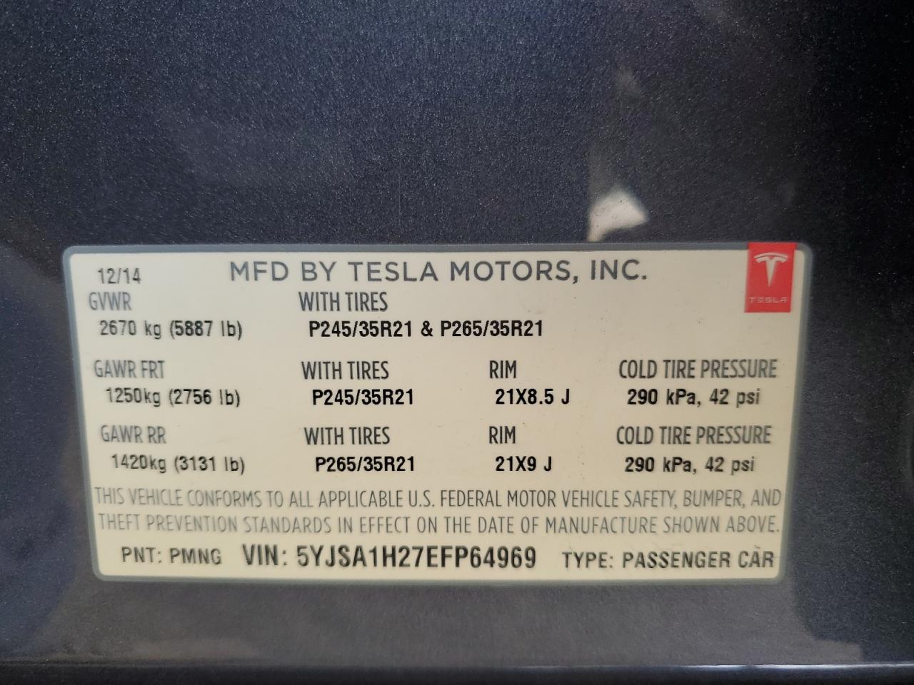 2014 Tesla Model S VIN: 5YJSA1H27EFP64969 Lot: 81562515