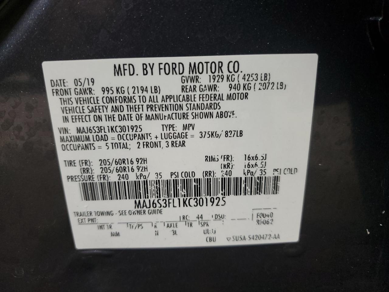 2019 Ford Ecosport S VIN: MAJ6S3FL1KC301925 Lot: 90667745