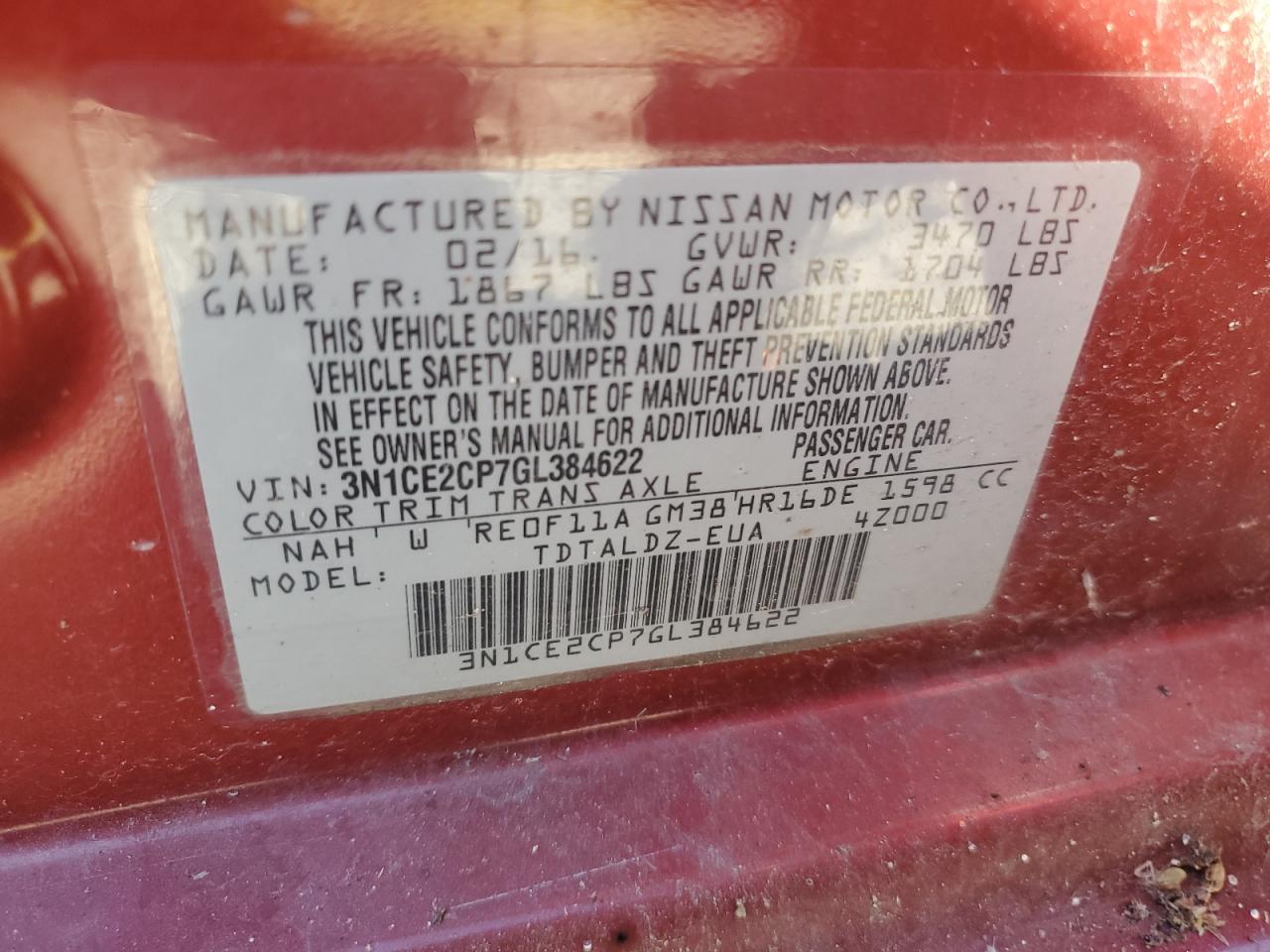 2016 Nissan Versa Note S VIN: 3N1CE2CP7GL384622 Lot: 87286825