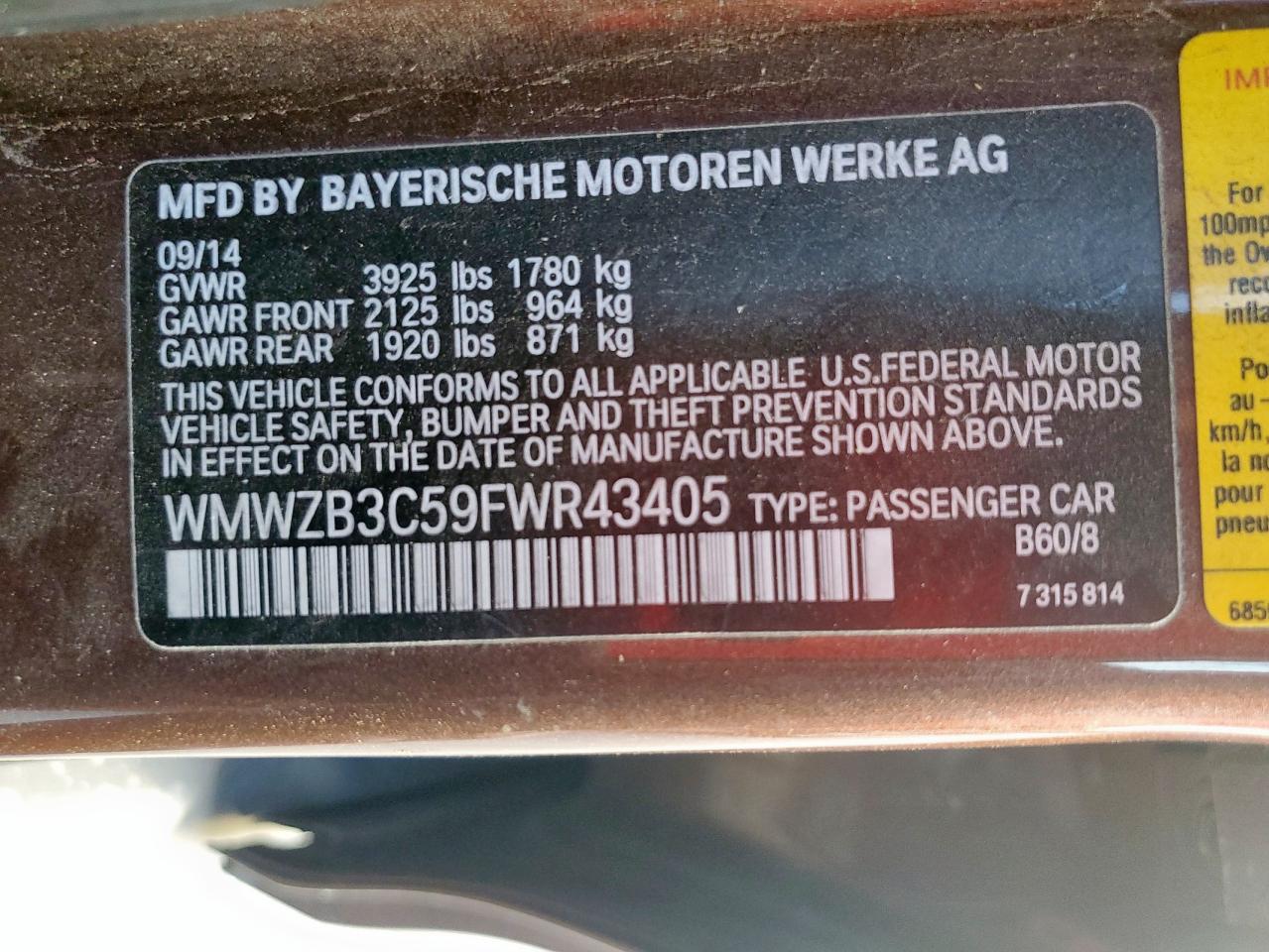 2015 Mini Cooper Countryman VIN: WMWZB3C59FWR43405 Lot: 82287575