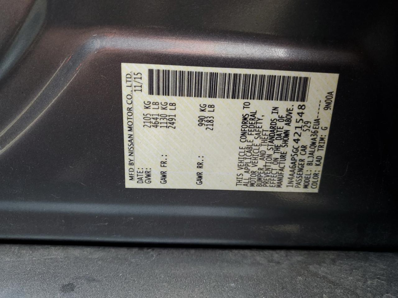 2016 Nissan Maxima 3.5S VIN: 1N4AA6AP5GC421548 Lot: 90535425