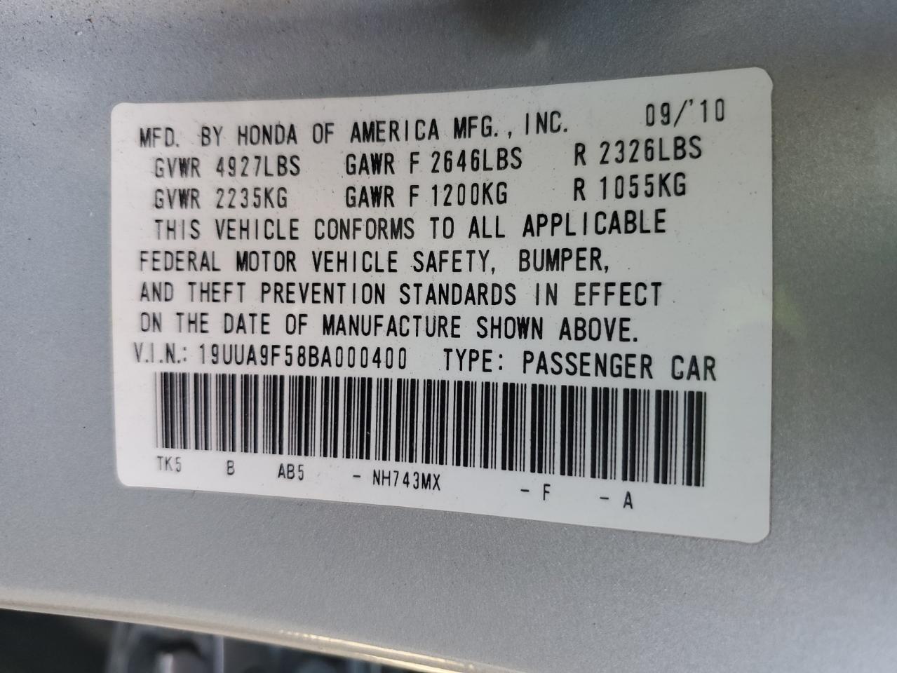 2011 Acura Tl VIN: 19UUA9F58BA000400 Lot: 89929565