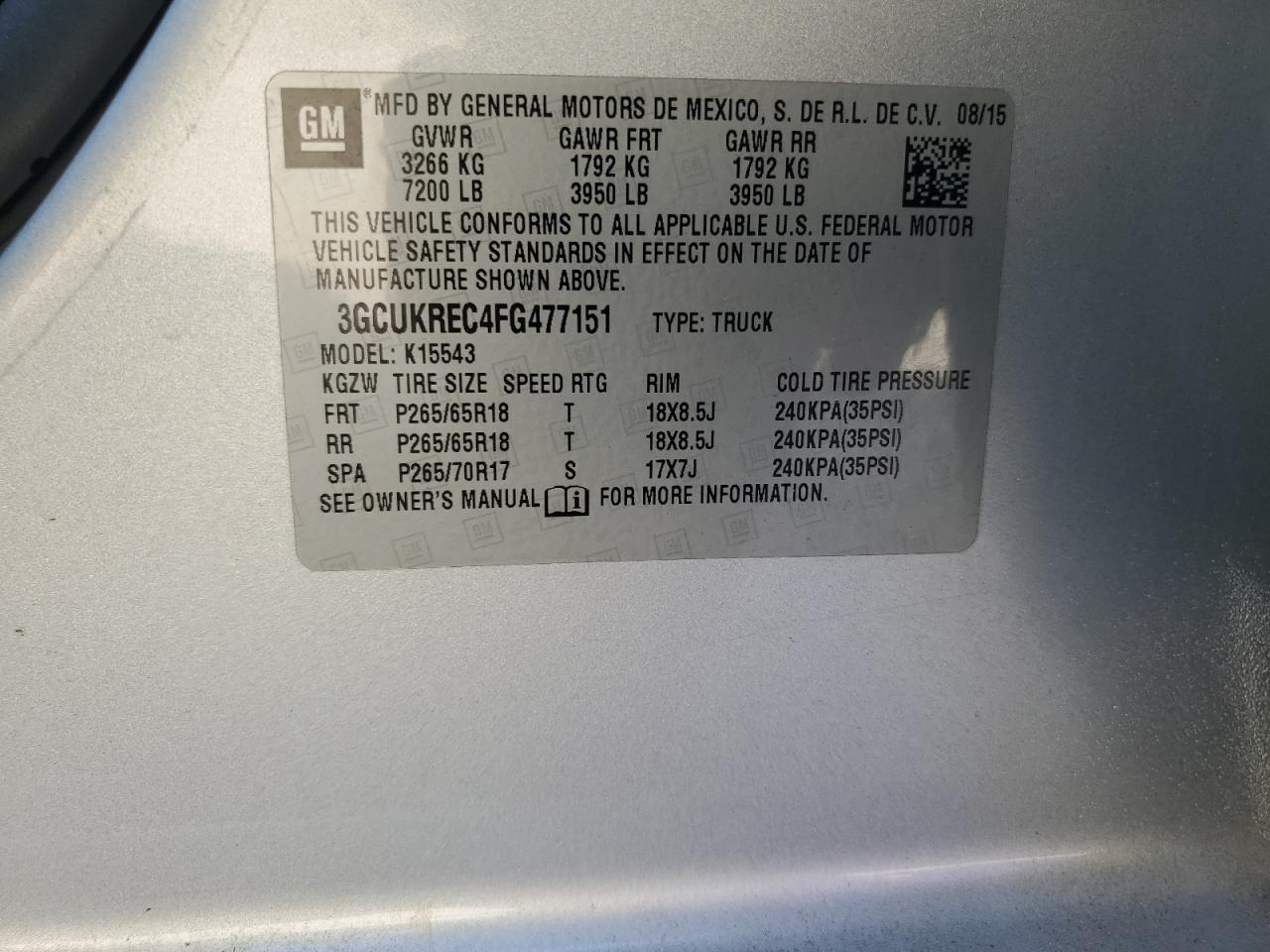 2015 Chevrolet Silverado K1500 Lt VIN: 3GCUKREC4FG477151 Lot: 82183335