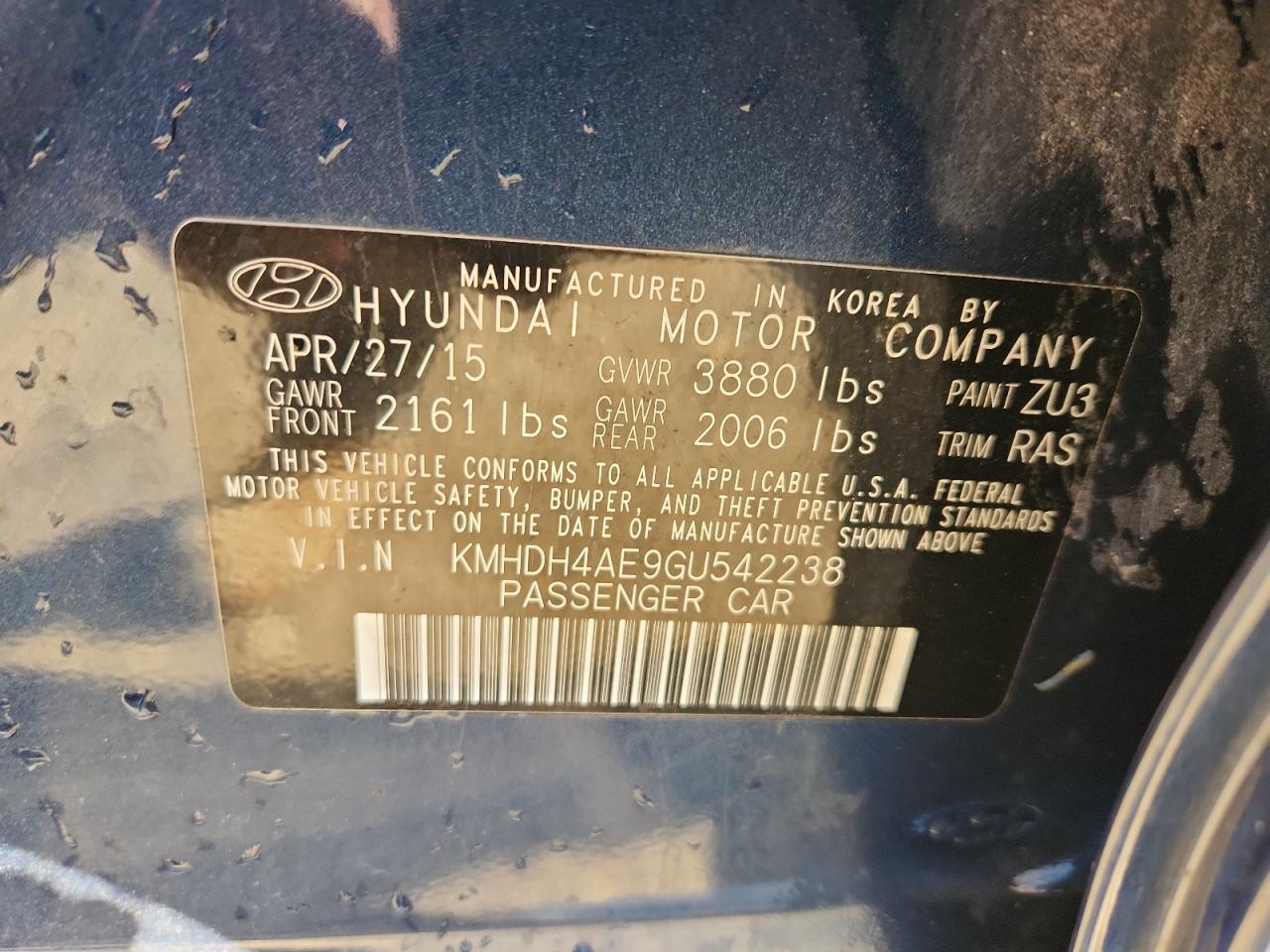 2016 Hyundai Elantra Se VIN: KMHDH4AE9GU542238 Lot: 89836775