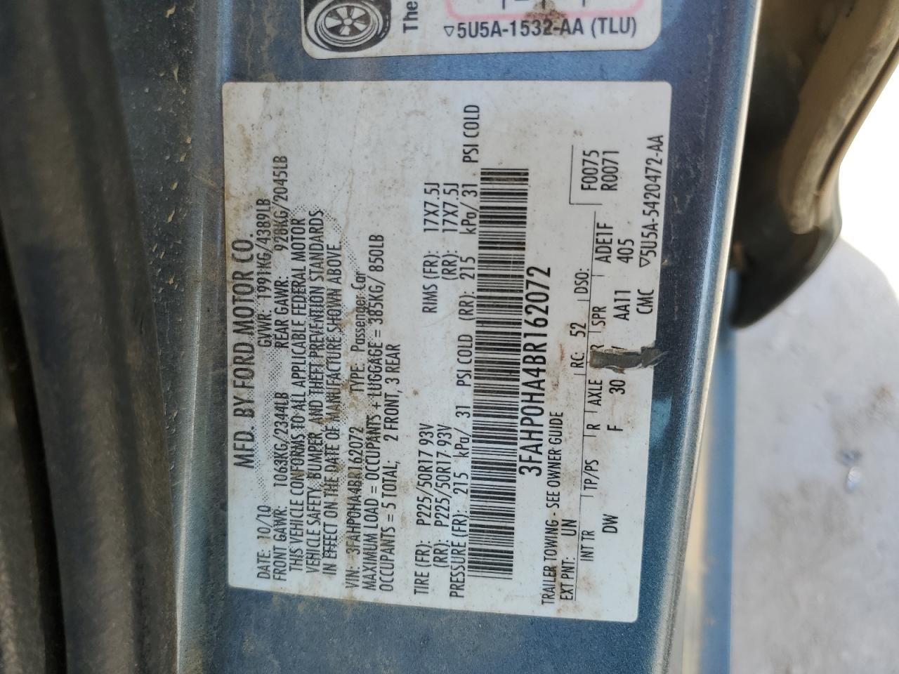 2011 Ford Fusion Se VIN: 3FAHP0HA4BR162072 Lot: 85528685