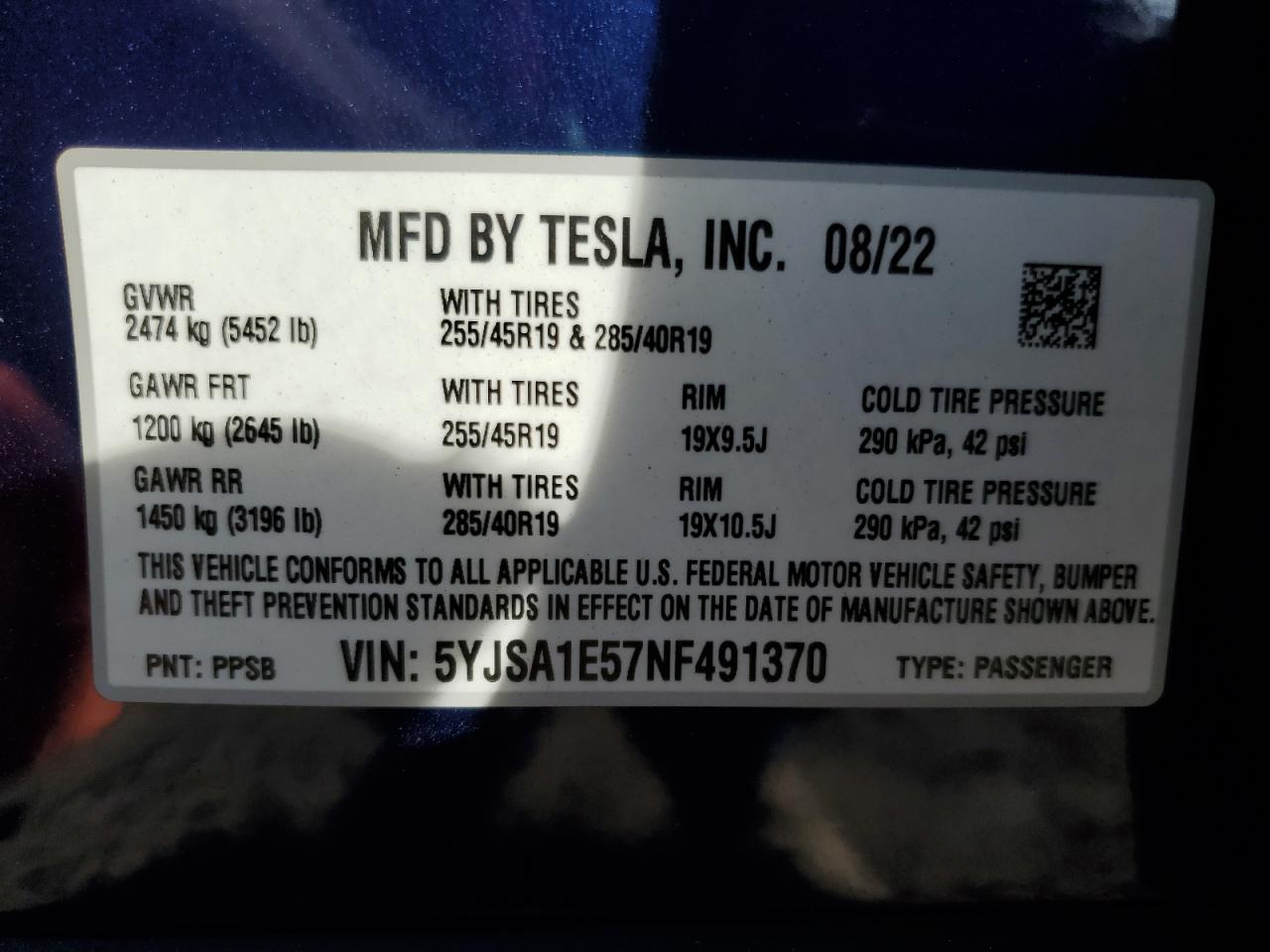 2022 Tesla Model S VIN: 5YJSA1E57NF491370 Lot: 89822765