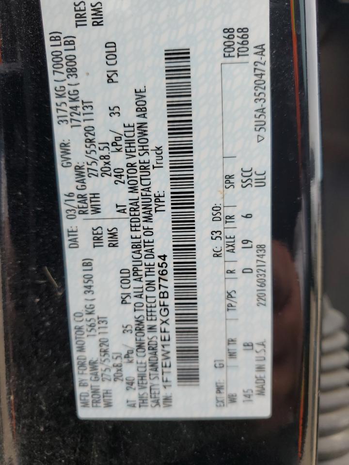 2016 Ford F150 Supercrew VIN: 1FTEW1EFXGFB77654 Lot: 86491275