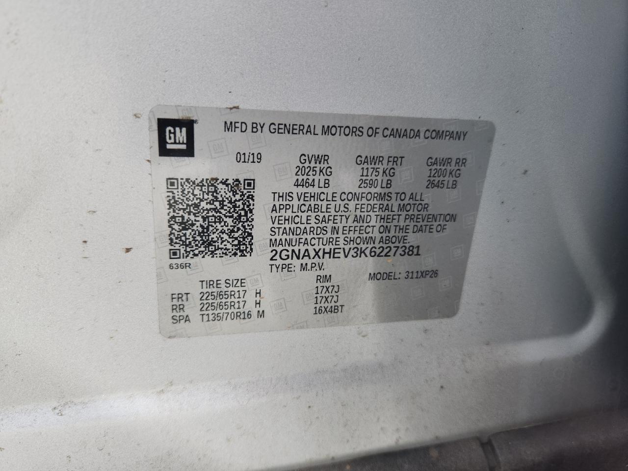 2019 Chevrolet Equinox Ls VIN: 2GNAXHEV3K6227381 Lot: 82303995