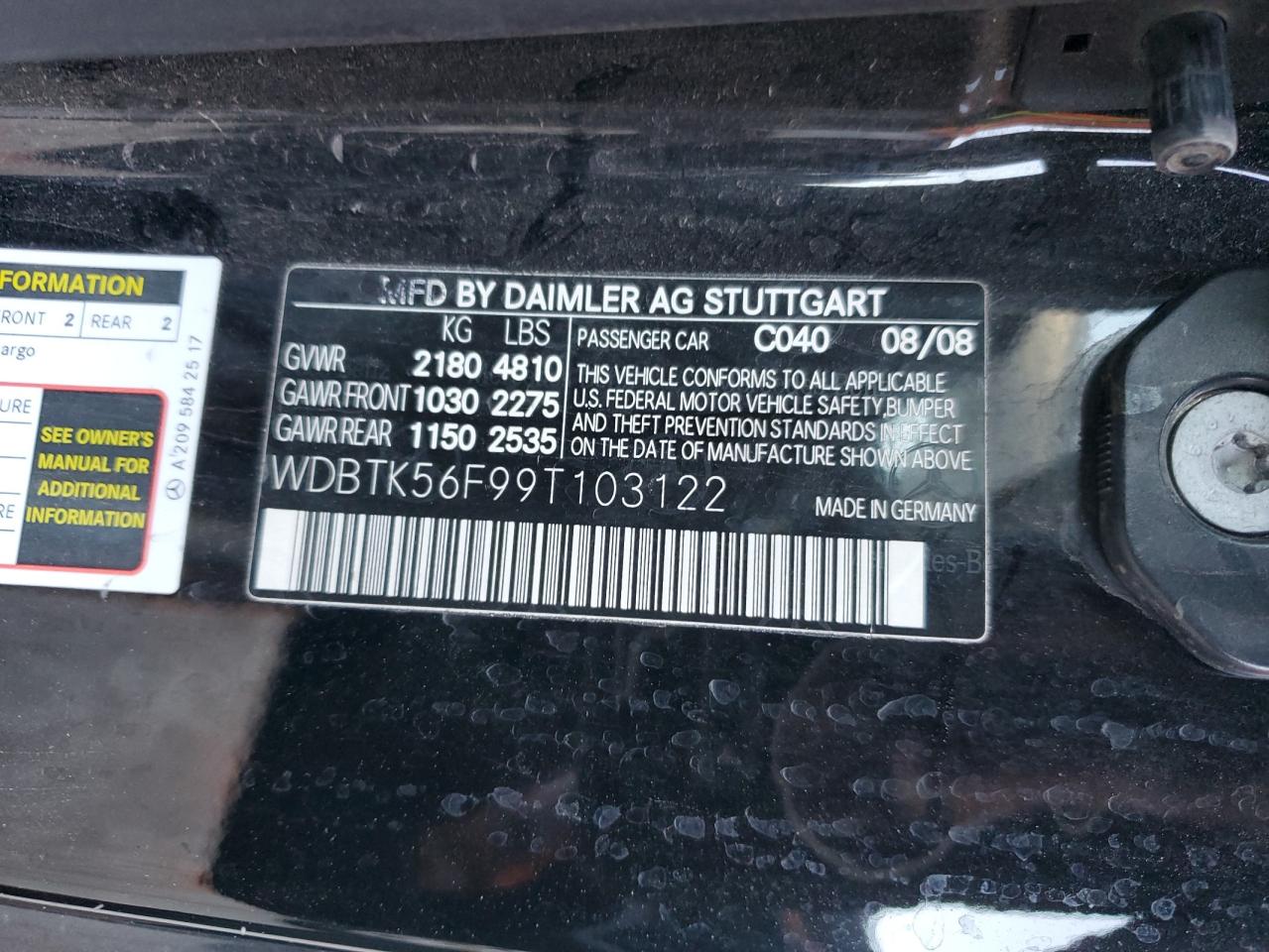 2009 Mercedes-Benz Clk 350 VIN: WDBTK56F99T103122 Lot: 90360105
