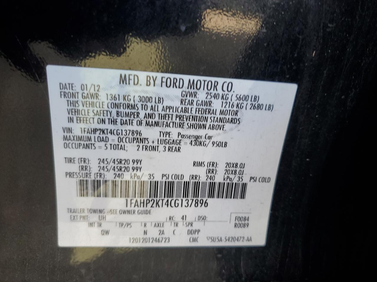 2012 Ford Taurus Sho VIN: 1FAHP2KT4CG137896 Lot: 85642635