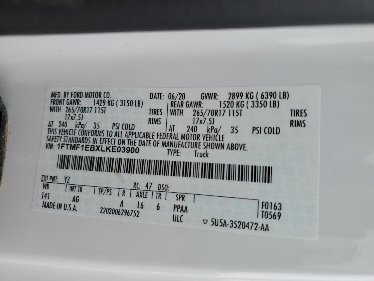 2020 Ford F150 VIN: 1FTMF1EBXLKE03900 Lot: 85499225