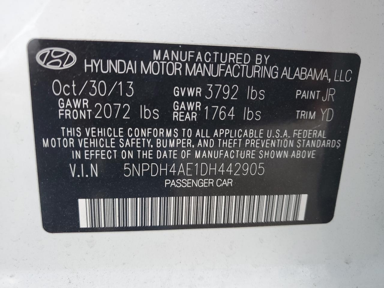 2013 Hyundai Elantra Gls VIN: 5NPDH4AE1DH442905 Lot: 85948655