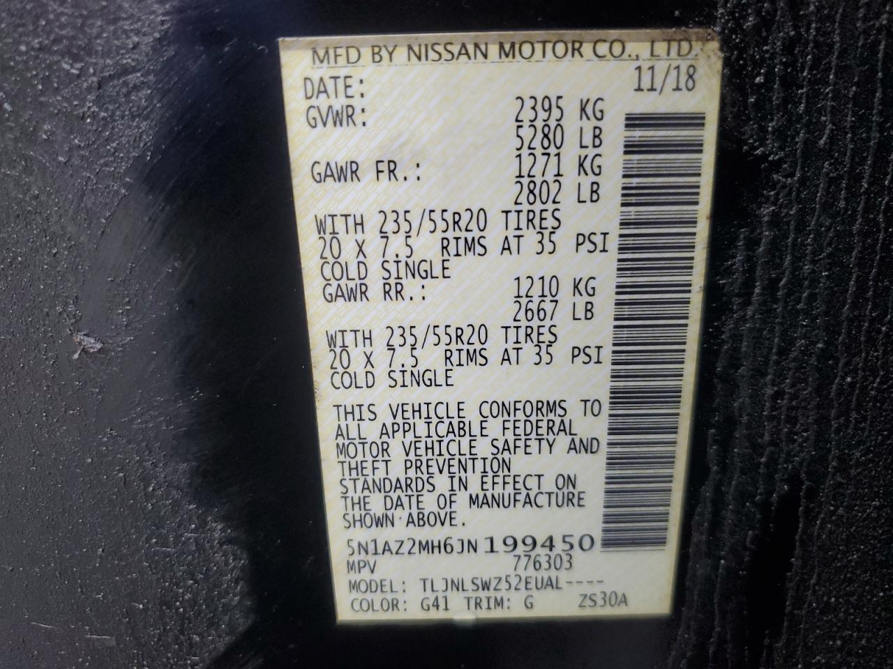 2018 Nissan Murano S VIN: 5N1AZ2MH6JN199450 Lot: 85668255