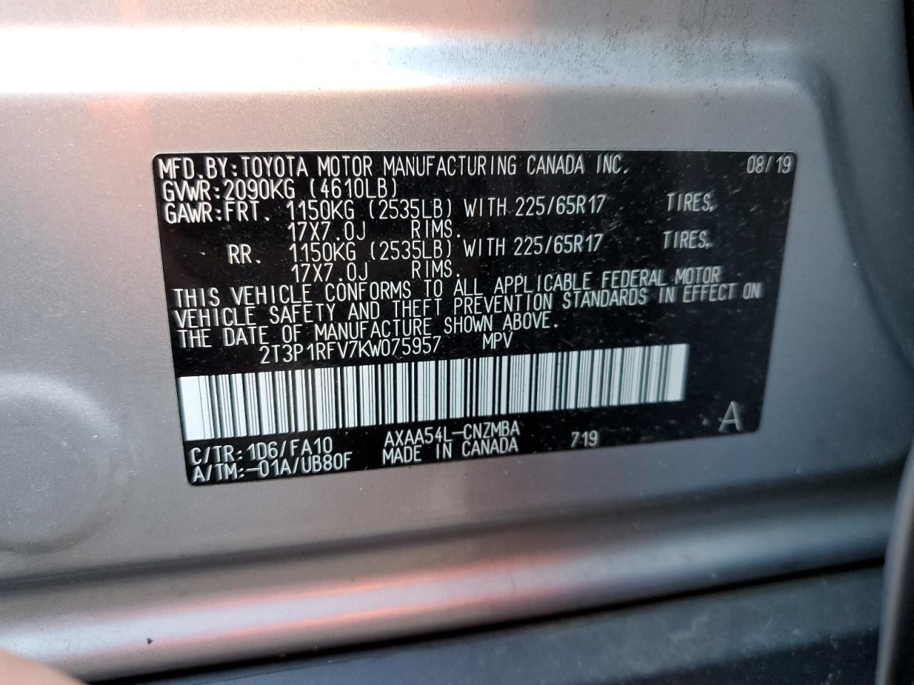 2019 Toyota Rav4 Xle VIN: 2T3P1RFV7KW075957 Lot: 85870355