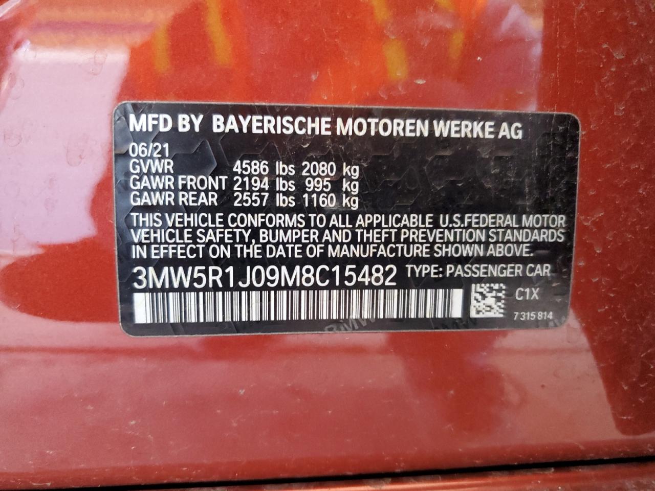 2021 BMW 330I VIN: 3MW5R1J09M8C15482 Lot: 82526795