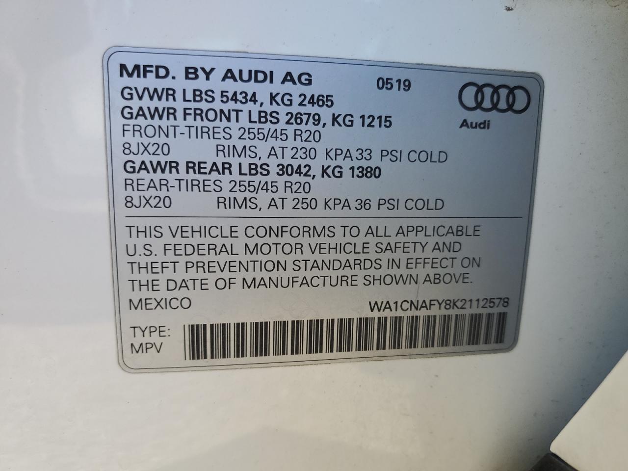 2019 Audi Q5 Prestige VIN: WA1CNAFY8K2112578 Lot: 86162765