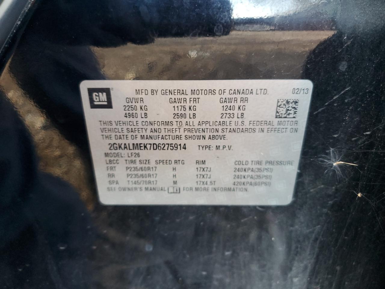 2013 GMC Terrain Sle VIN: 2GKALMEK7D6275914 Lot: 86717955