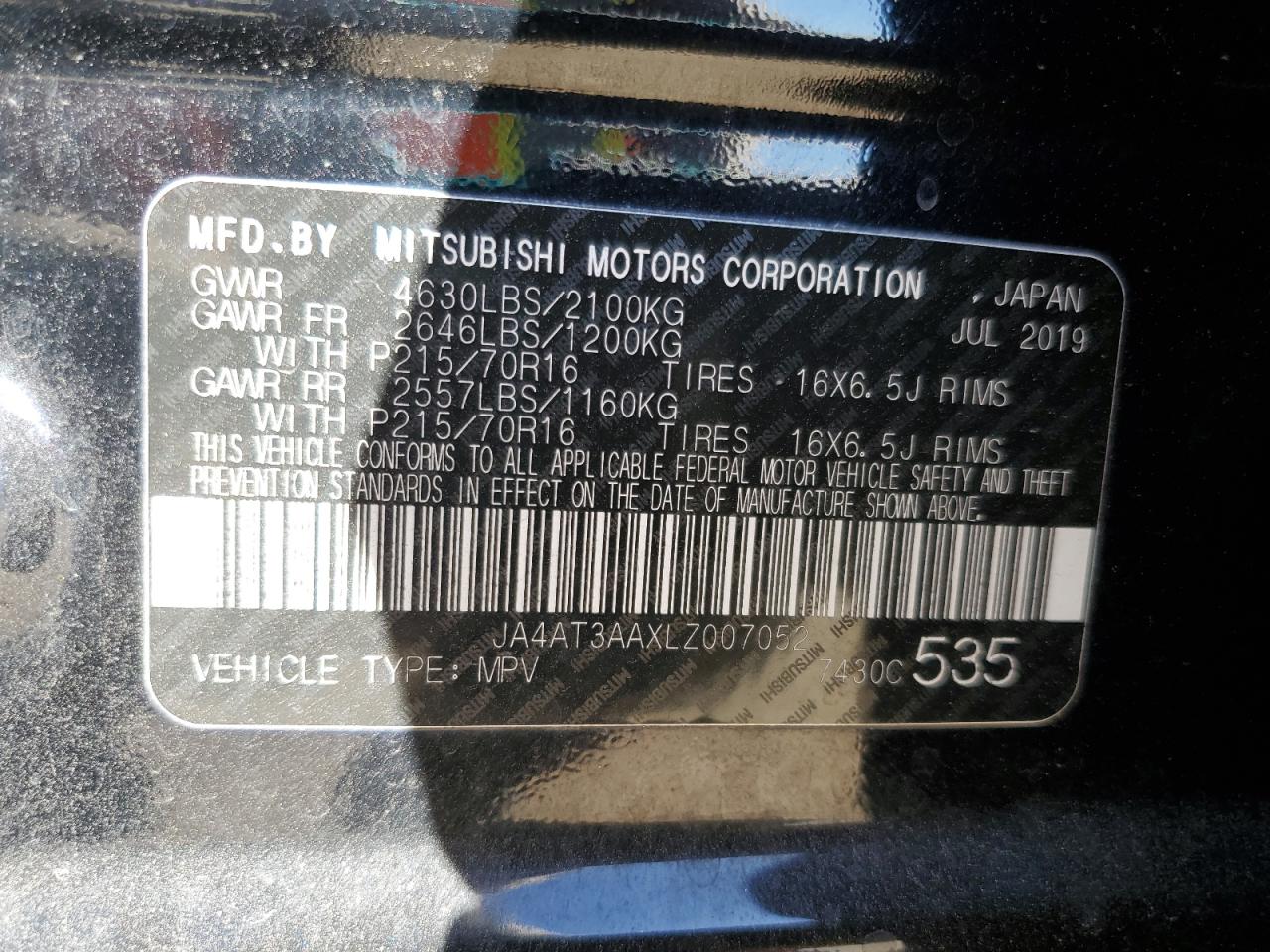 2020 Mitsubishi Eclipse Cross Es VIN: JA4AT3AAXLZ007052 Lot: 87298325