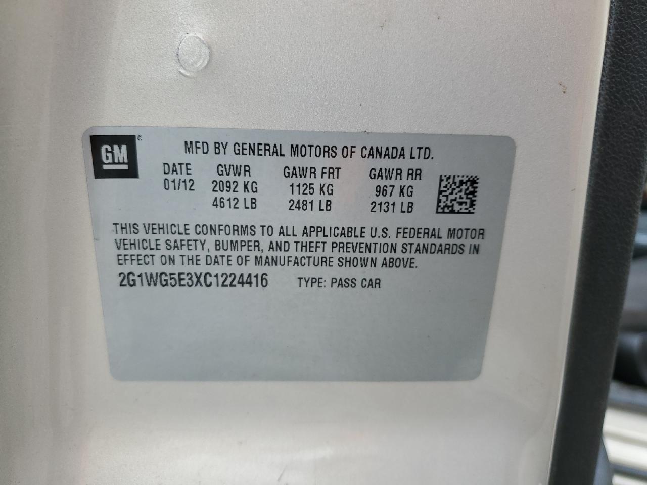 2012 Chevrolet Impala Lt VIN: 2G1WG5E3XC1224416 Lot: 82278975