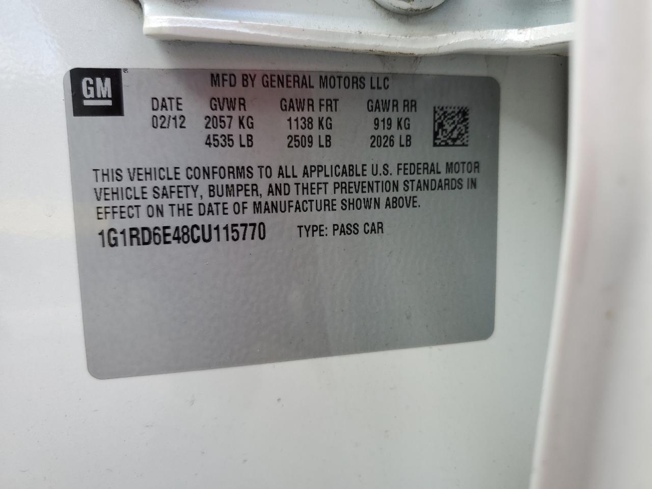 2012 Chevrolet Volt VIN: 1G1RD6E48CU115770 Lot: 85191245