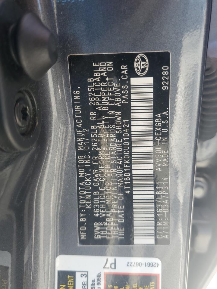 2012 Toyota Camry Hybrid VIN: 4T1BD1FK0CU010421 Lot: 85531265