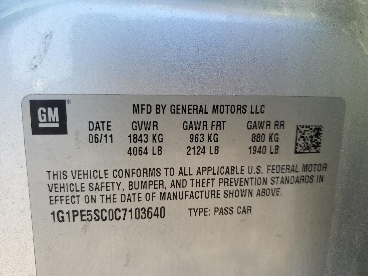 2012 Chevrolet Cruze Lt VIN: 1G1PE5SC0C7103640 Lot: 84885045