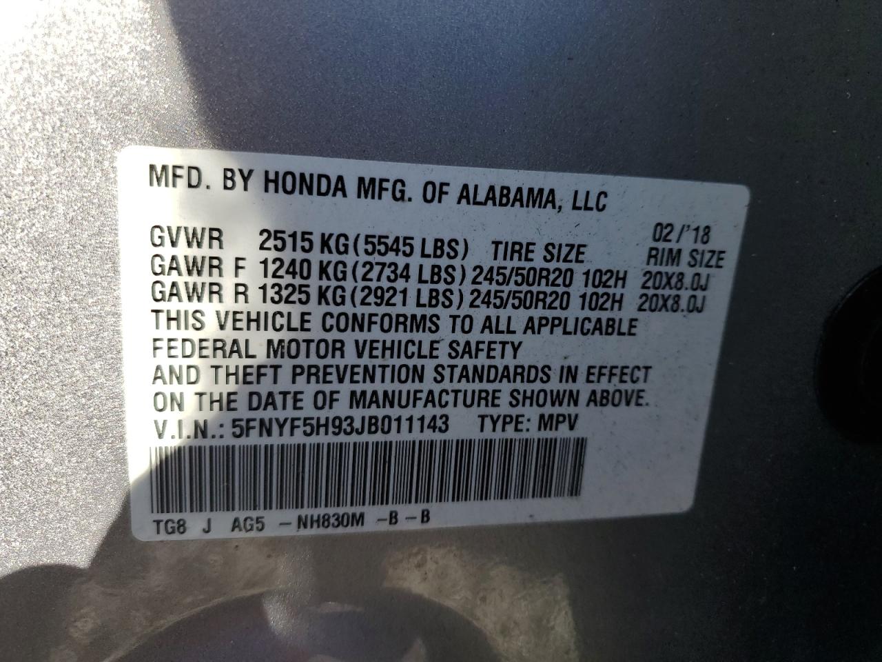 2018 Honda Pilot Touring VIN: 5FNYF5H93JB011143 Lot: 90495955