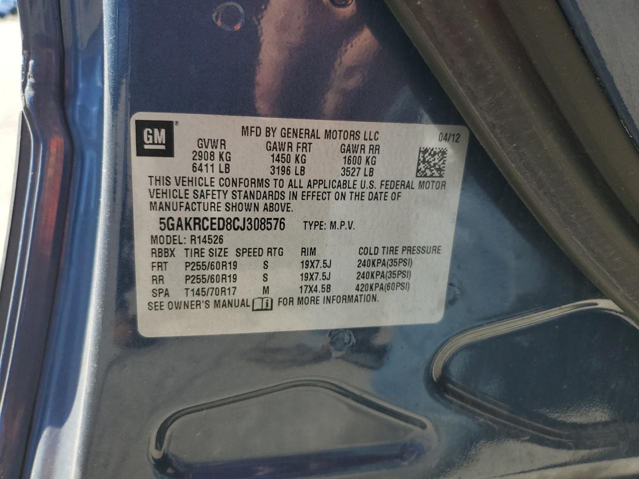 2012 Buick Enclave VIN: 5GAKRCED8CJ308576 Lot: 85702385