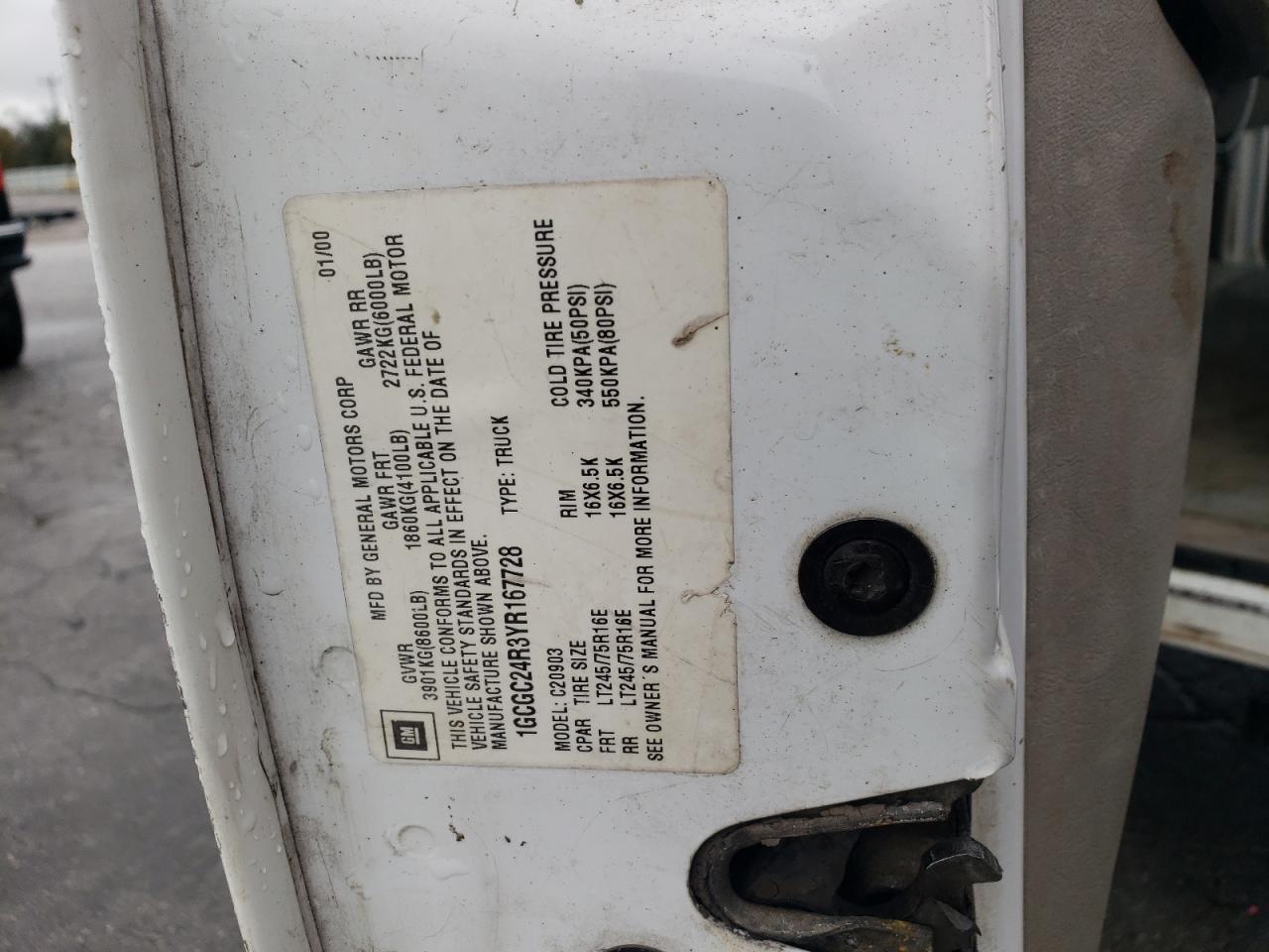 2000 Chevrolet Gmt-400 C2500 VIN: 1GCGC24R3YR167728 Lot: 90278345