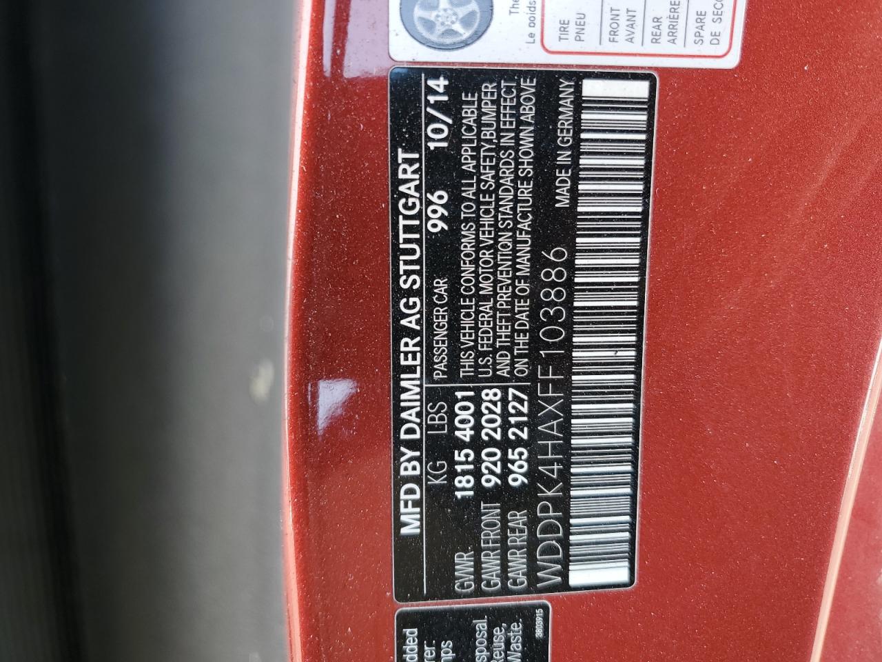 2015 Mercedes-Benz Slk 250 VIN: WDDPK4HAXFF103886 Lot: 84807195