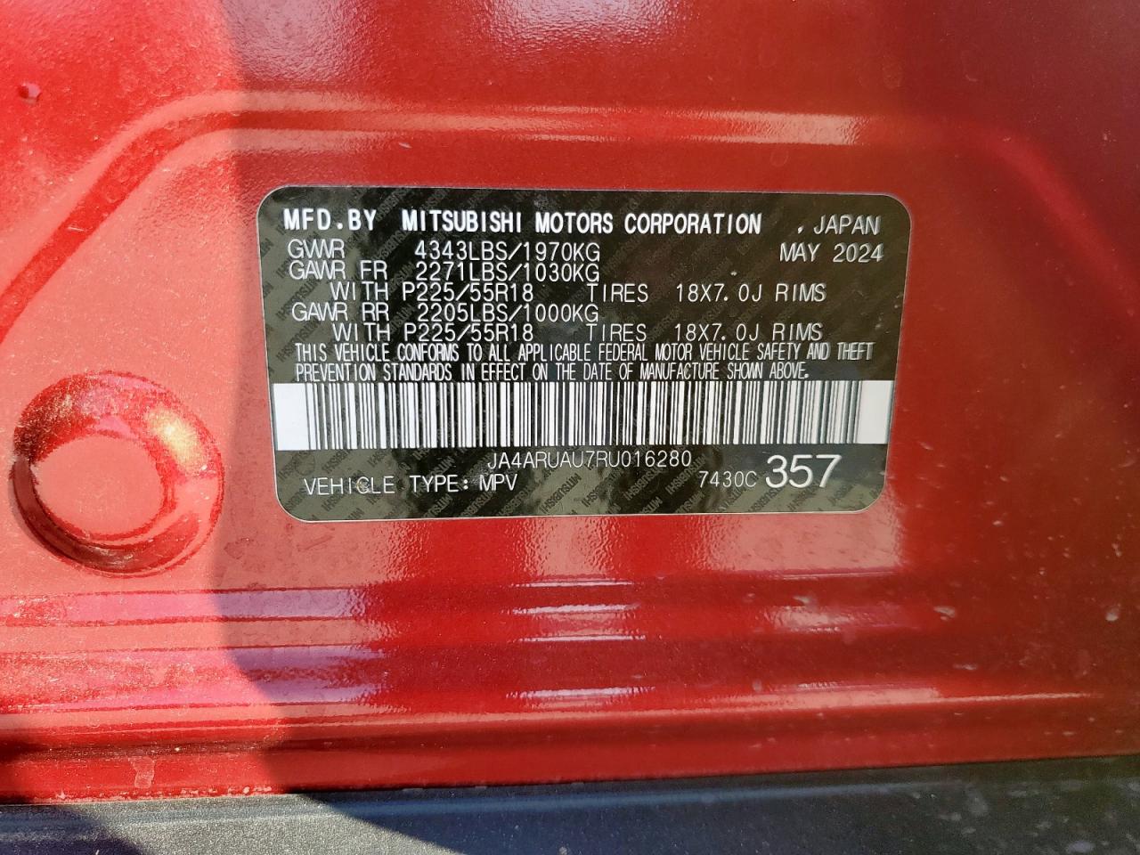 2024 Mitsubishi Outlander Sport S/Se VIN: JA4ARUAU7RU016280 Lot: 85173185