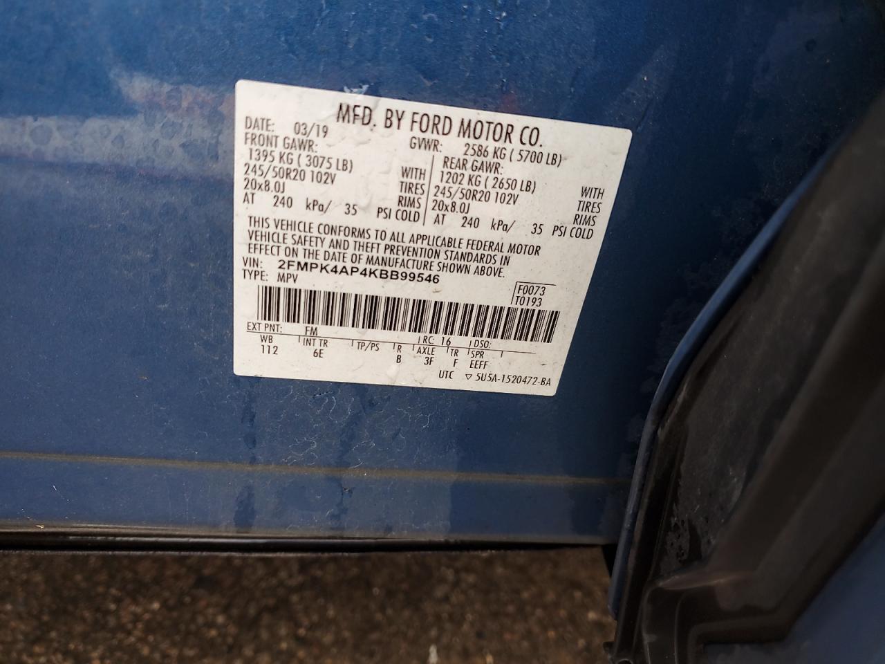 2019 Ford Edge St VIN: 2FMPK4AP4KBB99546 Lot: 90391995